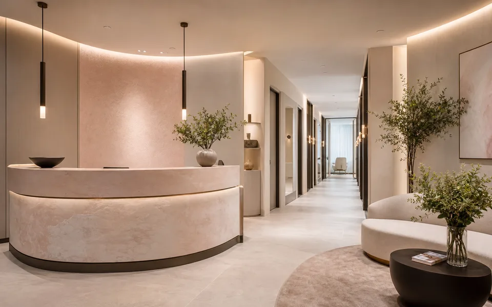 Warm ivory clinic reception concept with a curved desk, soft daylight, and subtle greenery.